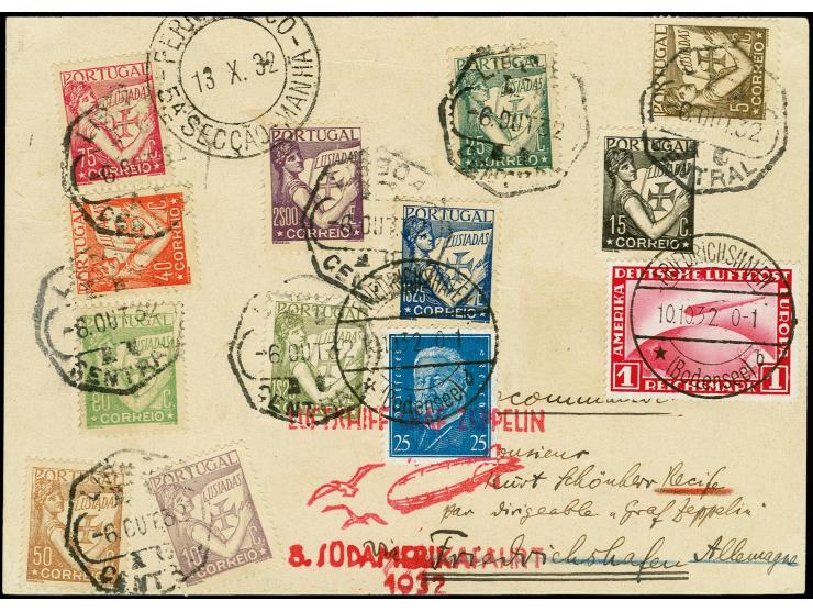 PORTUGAL: 8th South America Flight, Friedrichsafen to Recife, registered card (lable on reverse), bearing stamps of Portugal 