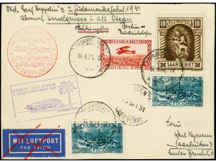 1931, 2nd South America Flight, Berlin Dispatch to Cap Verde, card with high franking, addressed to Saarbrücken, fine

1931