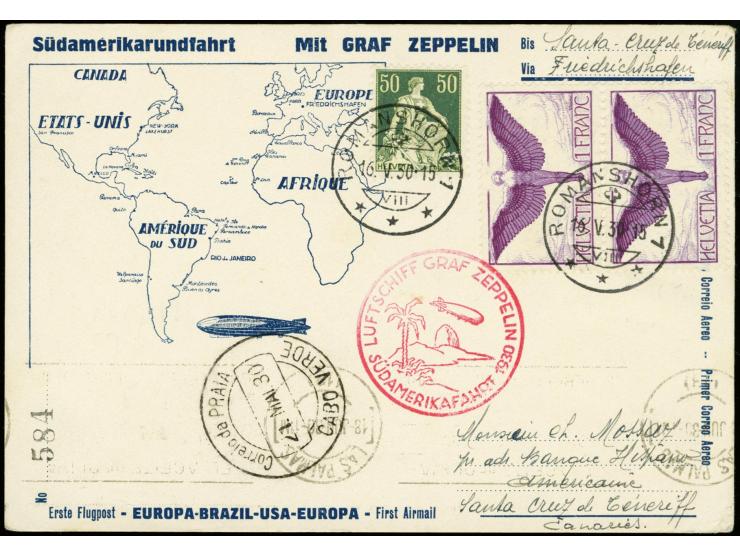 1930, South America Flight to Praia, vertical pair airmail 1 fr. and postage stamp 50 c. tied by cds. "ROMANSHORN 16.V.30" to
