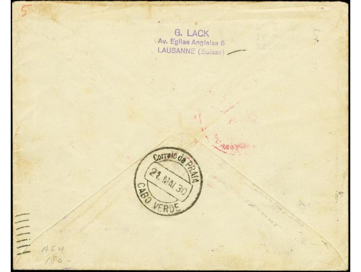 1930, South America Flight to Praia, cover from "ROMANSHORN 16.V." with postmark "PRAIA CAPO VERDE 21.MAI.30" on reverse, add