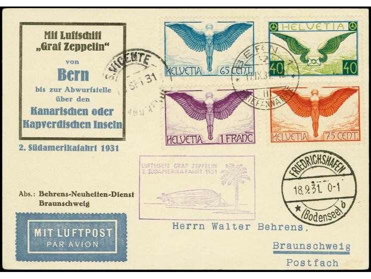 1931, First South America Flight to Cap Verde, card with high franking and pre-printing "..bis zur Abwurfstelle über den Kapv