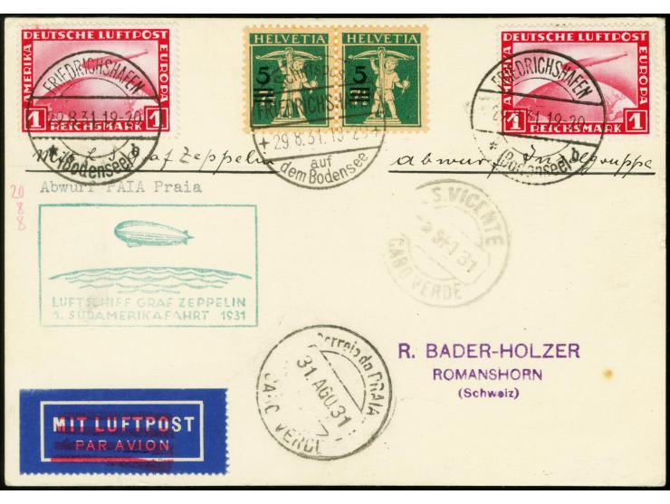 1931, First South America Flight to Cap Verde, postage stamp 5 on 7 1/2 c., horizontal pair tied by paquebot mark "FRIEDRICHS
