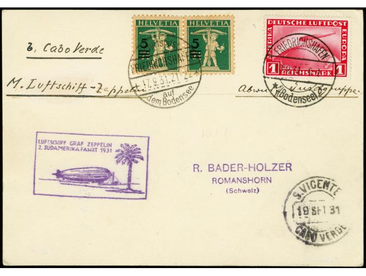 1931, 2nd South America Flight to Cap Verde, surcharge 5 on 7 1/2 c., horizontal pair tied by paquetbot mark "FRIEDRICHSHAFEN
