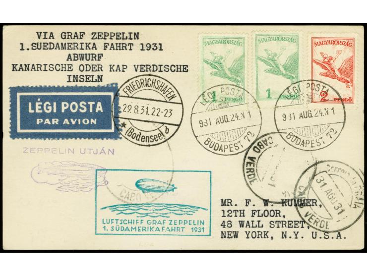 1931, First South America Flight to Cap Verde, airmail 1 p. (2) and 2 p. tied by cds. "BUDAPEST AUG.24" to postcard to New Yo