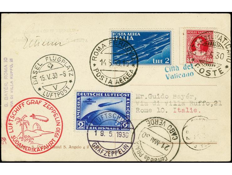 VATIKAN: 1930, South American Flight to Praia, picture card with 80 c., tied by cds. "CITTA DE VATICANO 14.5." with combinati