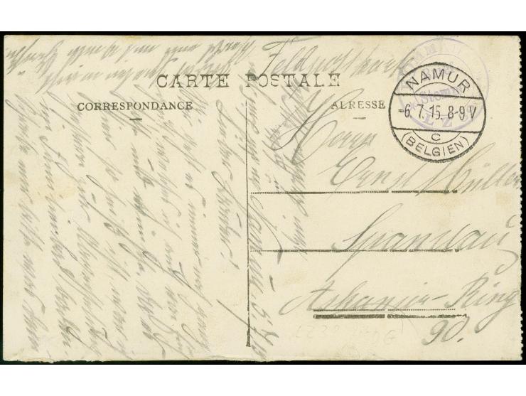 1915, "KOMMANDO LZ 69", violetter DKr.-Briefstempel recht klar auf Feldpost-Ansichtskarte von "NAMUR 6.7.15" nach Spandau, Pr