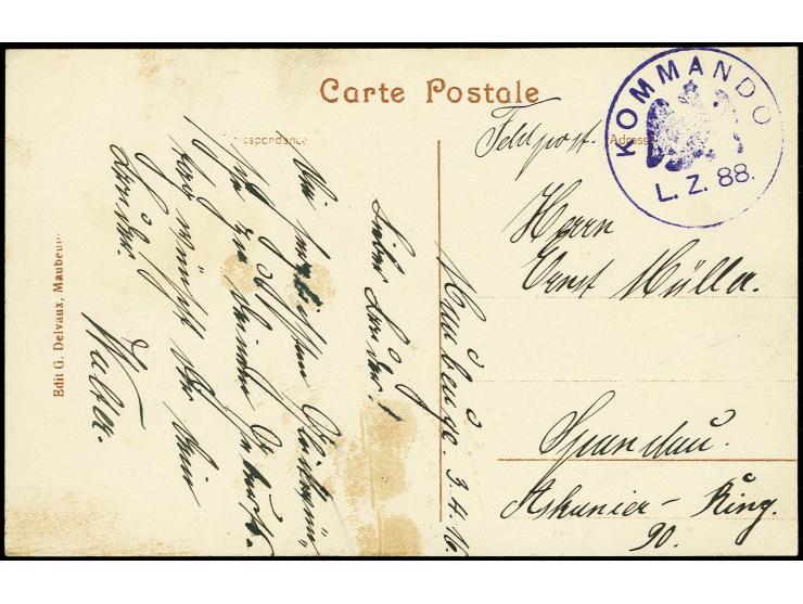 1916, "KOMMANDO L.Z.88", violetter Adler-Stempel klar auf Feldpostkarte ohne Poststempel nach Spandau, datiert "Maubeuge 3.4.