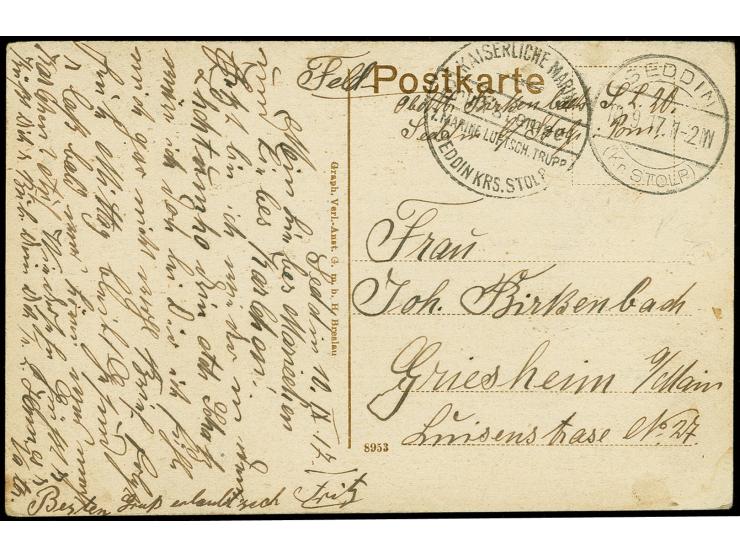 1917, "KAISERLICHE MARINE 7. MARINE LUFTSCH.TRUPP....", Briefstempel klar auf Feldpostkarte von "SEDDIN 10.9.17" mit handschr