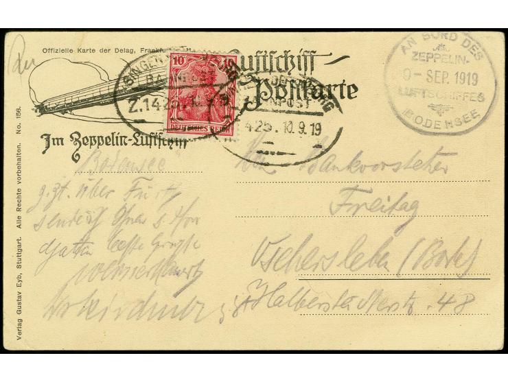 BODENSEE (LZ 120): 1919, Fotoakarte mit Bordstempel und Germania 10 Pfg. mit Bahnpoststempel "SINGEN-OFFENBURG 10.9.19", verm