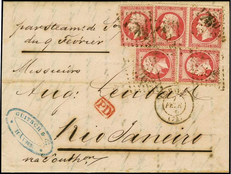 80 c. rose, horizontal pair and three single stamps, tied by GC "1769" to folded letter from "LE HAVRE 7.FEVR.66" with handwr