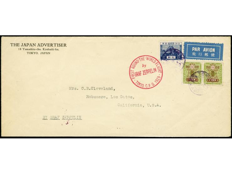 1929, Weltrundfahrt, japanische Post, Tokio - Los Angeles, lanformatiger Vordruckbrief "The Japan Advertiser" mit Freimarken 