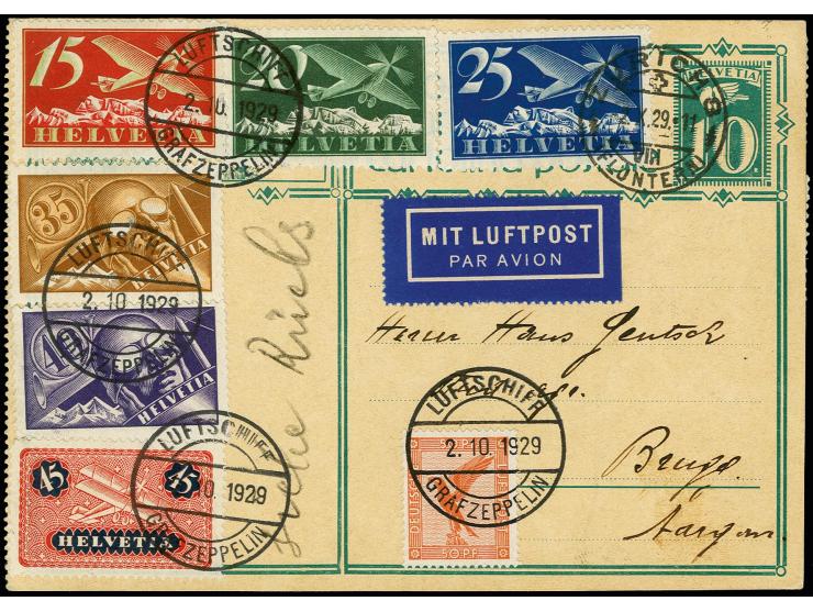 1929, 4. Schweizfahrt mit Abwurf Zürich-Fluntern, schweizer Ganzsachenkarte mit vorder- und rückseitiger Zufrankatur, 5 Werte