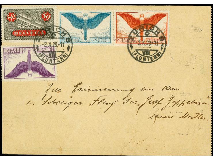 1929, 4. Schweizfahrt mit Abwurf Zürich-Fluntern, schweizer Ganzsachenkarte mit vorder- und rückseitiger Zufrankatur, 5 Werte