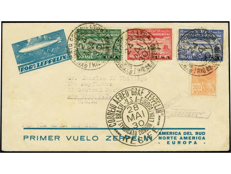 1930, Südamerikafahrt, brasil. Post, Brief von "RIO DE JANEIRO 24.MAI." mit u.a. kpl. Aufdruck-Satz USA 5.000-20.000 R. via R