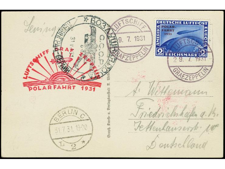 1931, Polarfahrt,  Post der Rückfahrt mit Abwurf Lenningrad, Karte mit 2 M. Sondermarke und Bordstempel vom 29.7. sowie große