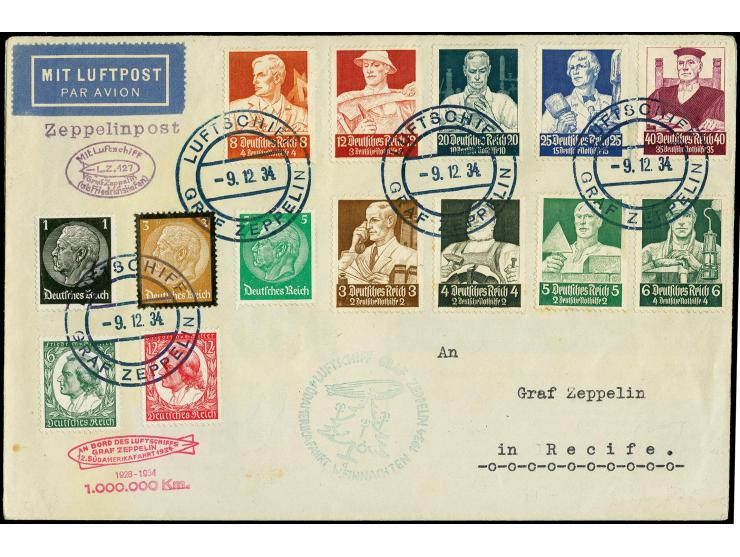 1934, Weihnachtsfahrt mit Bordstempel vom 9.12. und Best.-Stempel "d", Brief mit u.a. kpl. Satz Stände 3-40 Pfg. nach Recife,