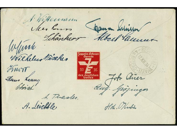 1934, Weihnachtsfahrt mit Bordstempel vom 9.12. und Best.-Stempel "d", Brief mit u.a. kpl. Satz Stände 3-40 Pfg. nach Recife,