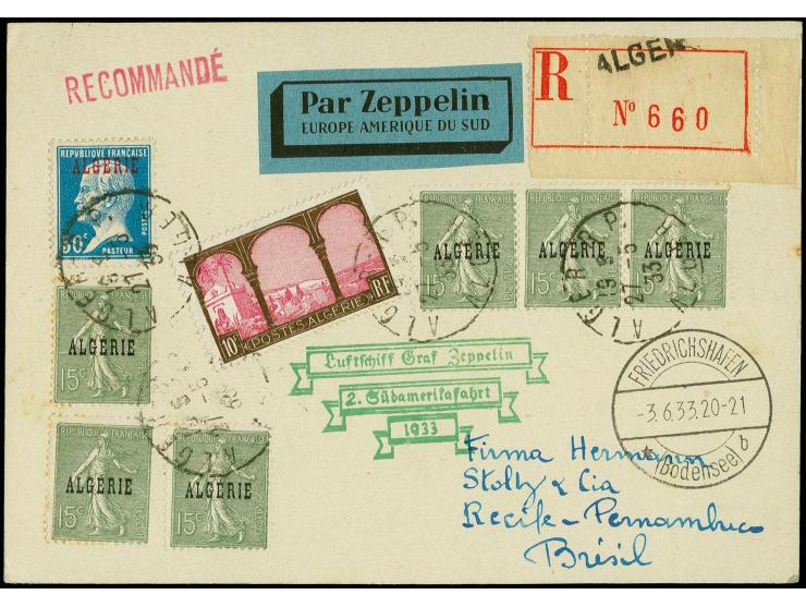 ALGERIEN: 1933, 2. Südamerikafahrt bis Recife, R-Karte von "ALGER 27.5.33" via Friedrichshafen, links winzige Flecke, sonst P