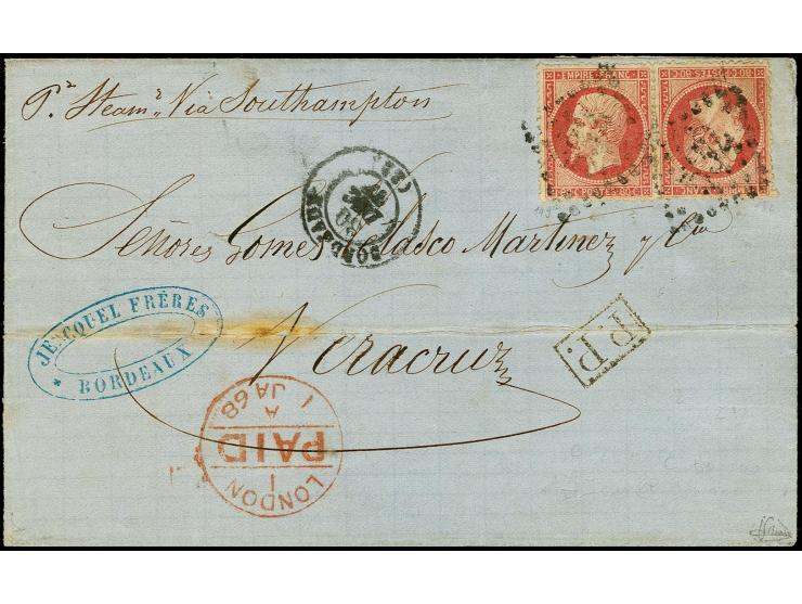 80 c. rose tête-bêche pair, tied by GC "532" to folded cover from "BORDEAUX 30.DEC.68" via London to Veracruz, pair with serv