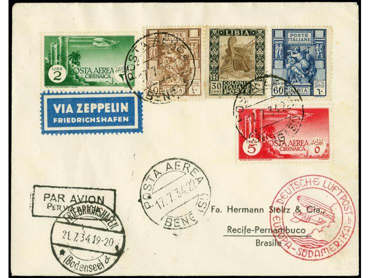 CYRENAICA: 1934, 4. Südamerikafahrt bis Recife, Brief von "BENGASI 17.7." via Friedrichshafen, Pracht