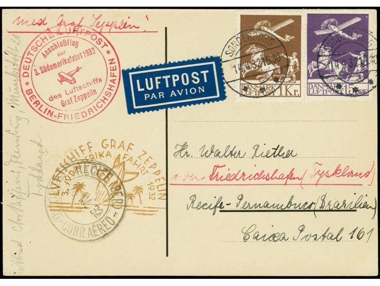 DÄNEMARK: 1932, 3. Südamerikafahrt mit Anschlußflug ab Berlin, Karte von "SONDERBORG 14.4." mit Flugpost-Marken 1 Kr. und 15 