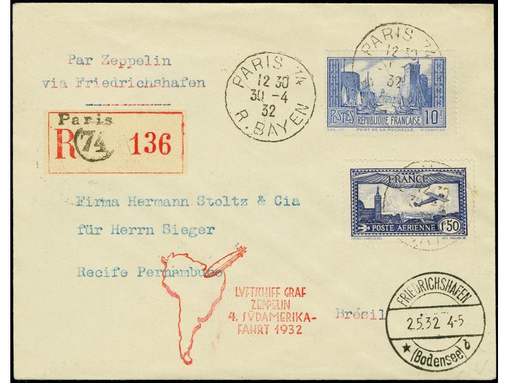 FRANKREICH: 1932, 4. Südamerikafahrt bis Recife, R-Brief von "PARIS 30.4." via Friedrichshafen, Pracht