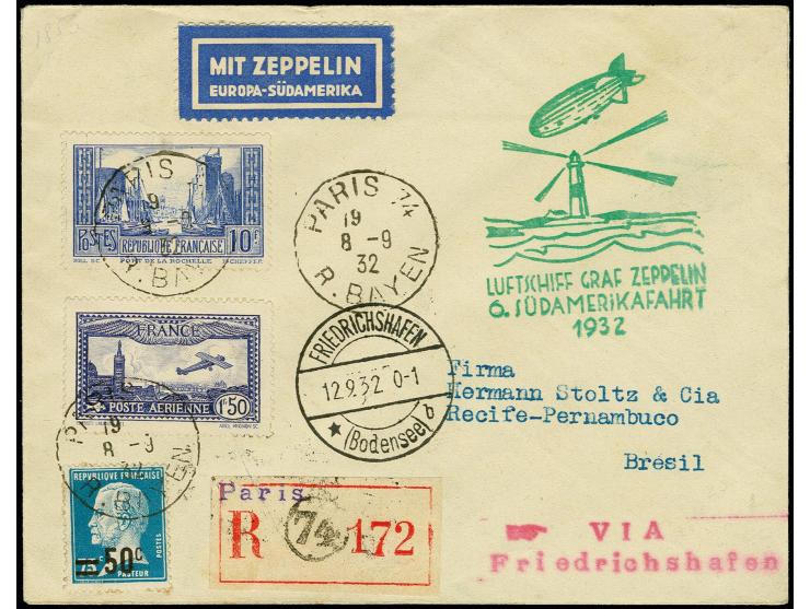 FRANKREICH: 1932, 6. Südamerikafahrt bis Recife, R-Brief von "PARIS 8.9." via Friedrichshafen, Pracht