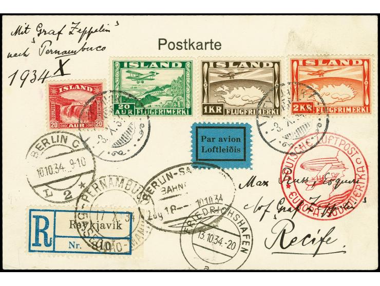 ISLAND: 1934, 10. Südamerikafahrt bis Recife, R-Karte von "REYKJAVIK 3.X." via Berlin und Friedrichshafen, Pracht