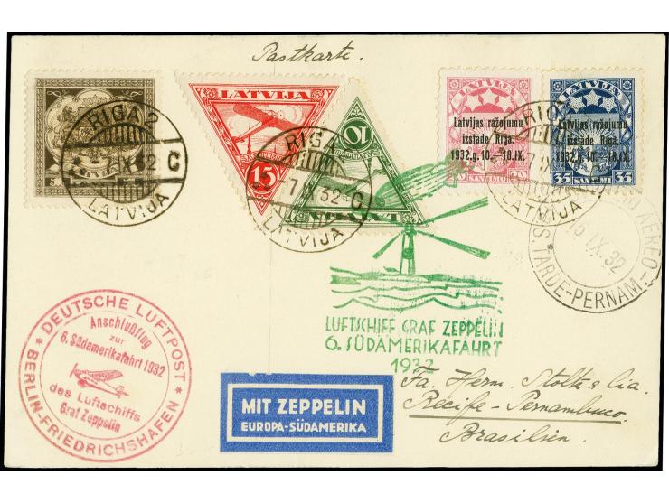 LETTLAND: 1932, 6. Südamerikafahrt mit Anschlußflug ab Berlin, Karte von "RIGA 7.IX." bis Recife, Pracht