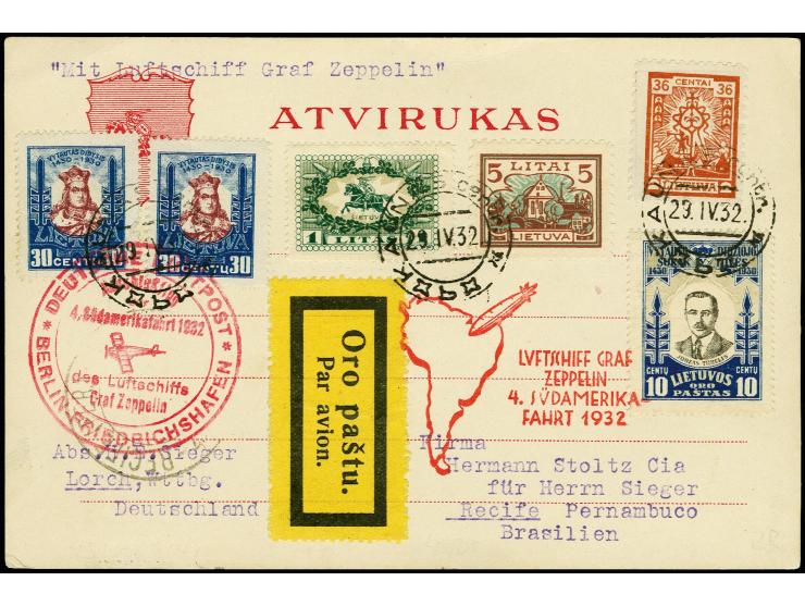 LITAUEN: 1932, 4. Südamerikafahrt mit Anschlußflug ab Berlin, Karte von "KAUNAS 29.IV." bis Recife, Pracht