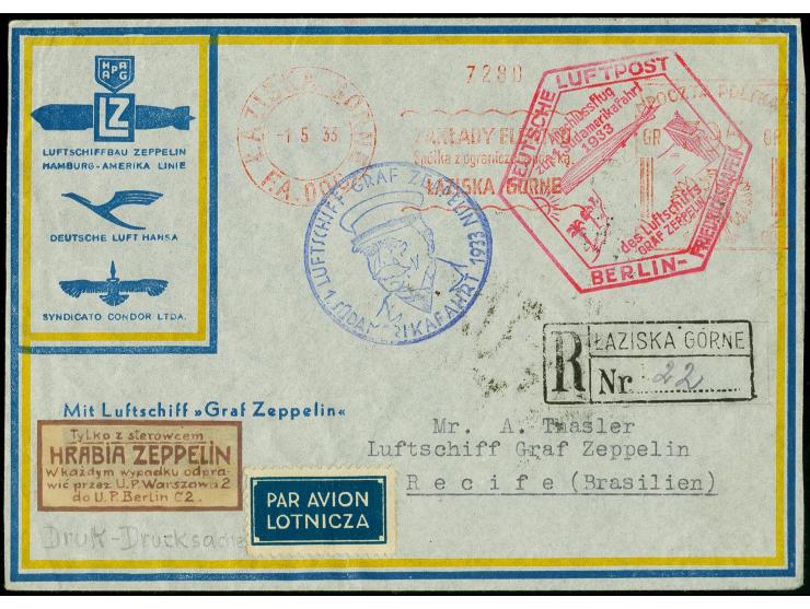 POLEN: 1933, 1. Südamerikfahrt mit Anschlußflug ab Berlin, R-Brief mit Absender-Freistempel von "LAZISKA GÓRNE 1.5." nach Rec