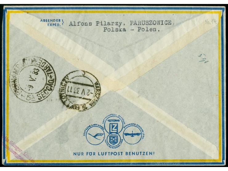 POLEN: 1933, 1. Südamerikfahrt mit Anschlußflug ab Berlin, R-Brief mit Absender-Freistempel von "LAZISKA GÓRNE 1.5." nach Rec
