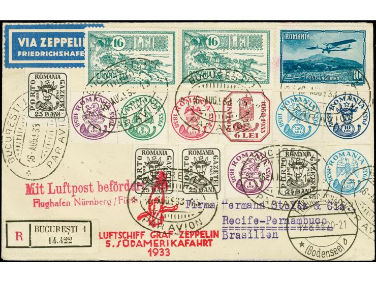 RUMÄNIEN: 1933, 5. Südamerikafahrt bis Recife, R-Brief von "BUCARESTI 16.AUG." via Friedrichshafen, Pracht