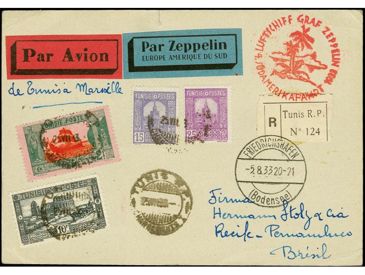 TUNESIEN: 1933, 4. Südamerikafahrt bis Recife, R-Karte von "TUNIS 25.VII." via Friedrichshafen, Karte mit kleinem Riss oben u