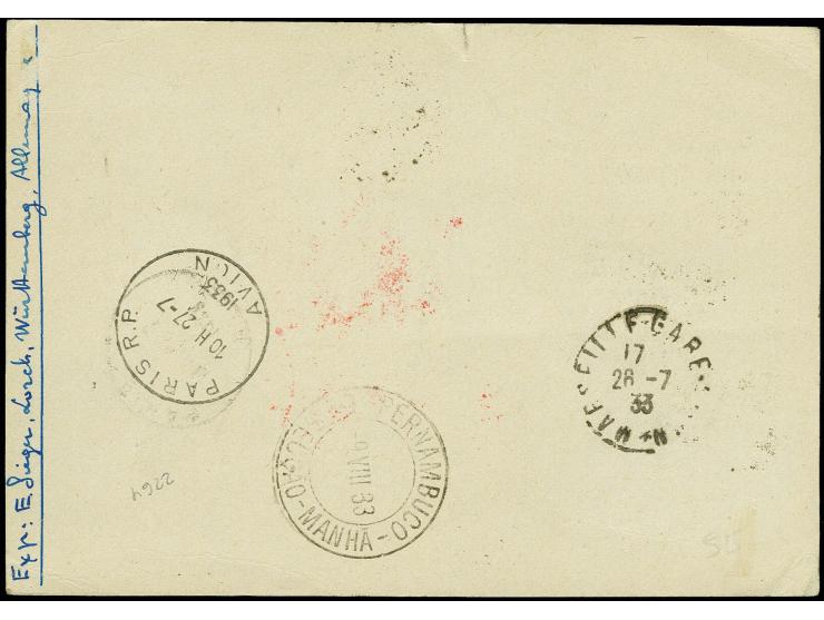 TUNESIEN: 1933, 4. Südamerikafahrt bis Recife, R-Karte von "TUNIS 25.VII." via Friedrichshafen, Karte mit kleinem Riss oben u