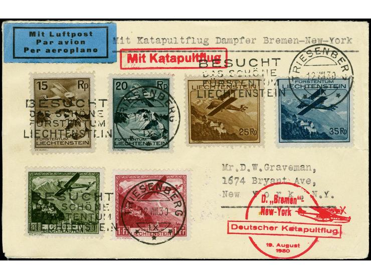 LIECHTENSTEIN: 1930, D. Bremen-New York, Brief von "TRIESENBURG 12.VIII." mit kpl. Luftpostsatz nach New York, Pracht
