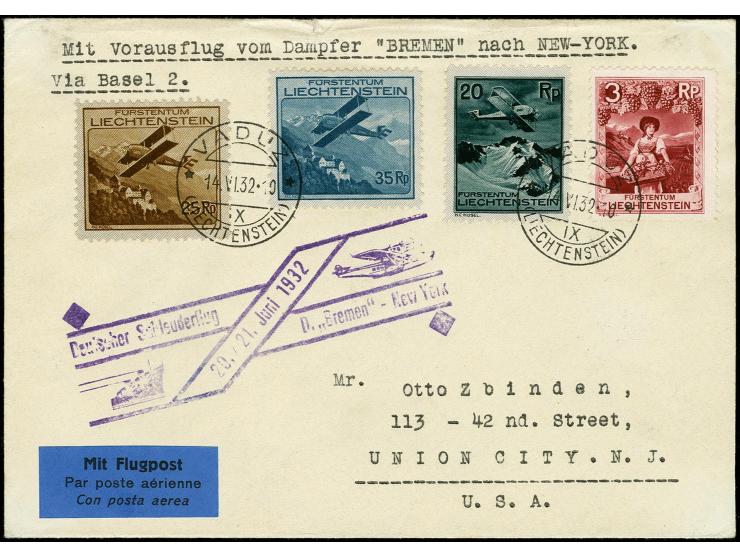 LIECHTENSTEIN: 19232, D. Bremen 21.6., Brief von "VADUZ 14.VI." in die USA, Umschlag oben mit kleinem Randfehler, sonst Prach