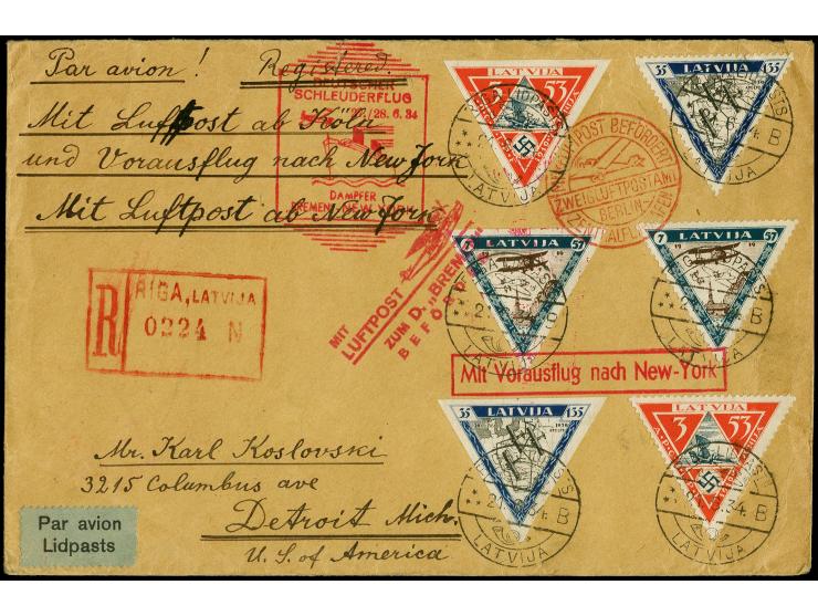 LETTLAND: 1934, D. "Bremen", R-Brief ab "RIGA-LIDPASTS 21.6.34" mit guter Flugpostfrankatur und Vorausflug-Stempel in nach De