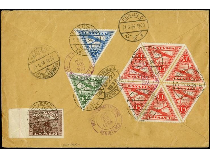 LETTLAND: 1934, D. "Bremen", R-Brief ab "RIGA-LIDPASTS 21.6.34" mit guter Flugpostfrankatur und Vorausflug-Stempel in nach De