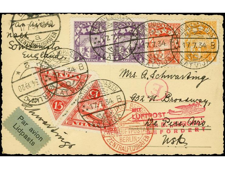 LETTLAND: Nachbringerflug mit bunter Frankatur ab "RIGA-LIDPASTS 17.7.34" nach West Perc, tadellos, sehr selten, lt. HvH bish