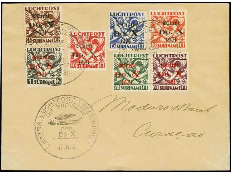 1931, Suriname Aufdruck-Satz 10 C.-1 1/2 G. kpl. auf Brief mit Sonder-Flugstempel vom 17.8. nach Curacao mit rückseitigem Son