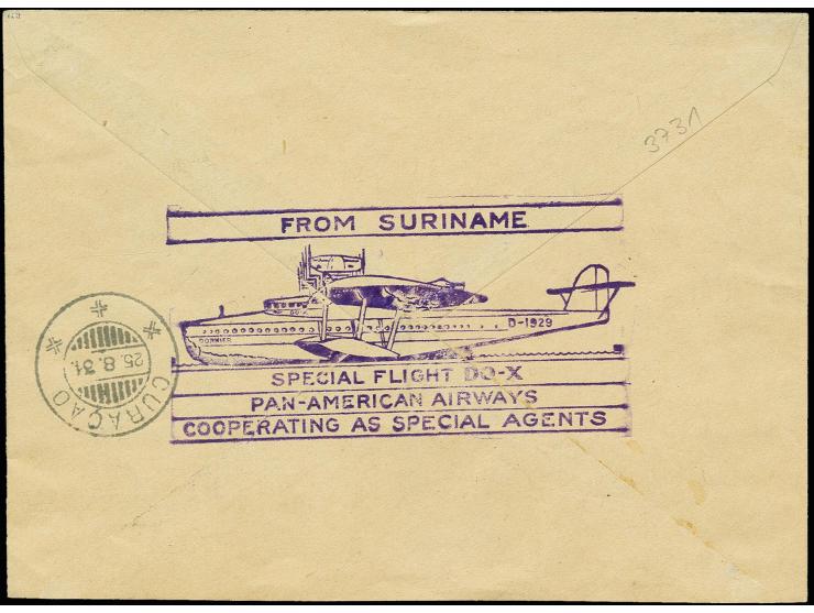 1931, Suriname Aufdruck-Satz 10 C.-1 1/2 G. kpl. auf Brief mit Sonder-Flugstempel vom 17.8. nach Curacao mit rückseitigem Son