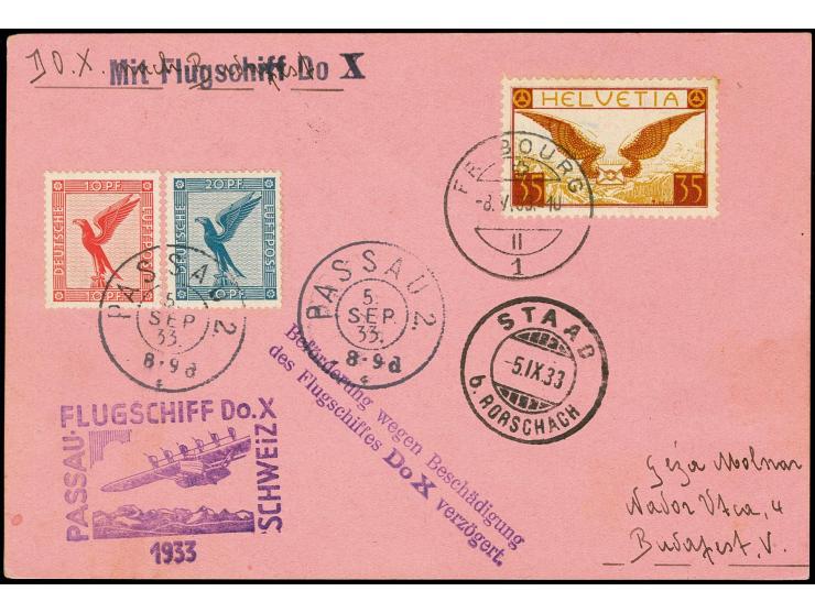 1933, Karte mit schweizer Flugpost-Marke 35 C. und Stempel "FREIBOURG 8.5." als Aufgabe zum Budapest-Flug und erneuter Aufgab