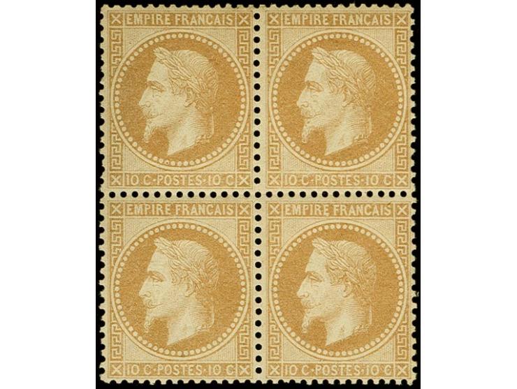 1862, Napoleon Lauré 10c. brown as block of four, fresh colour and good perforation, upper pair unused the lower mint never h