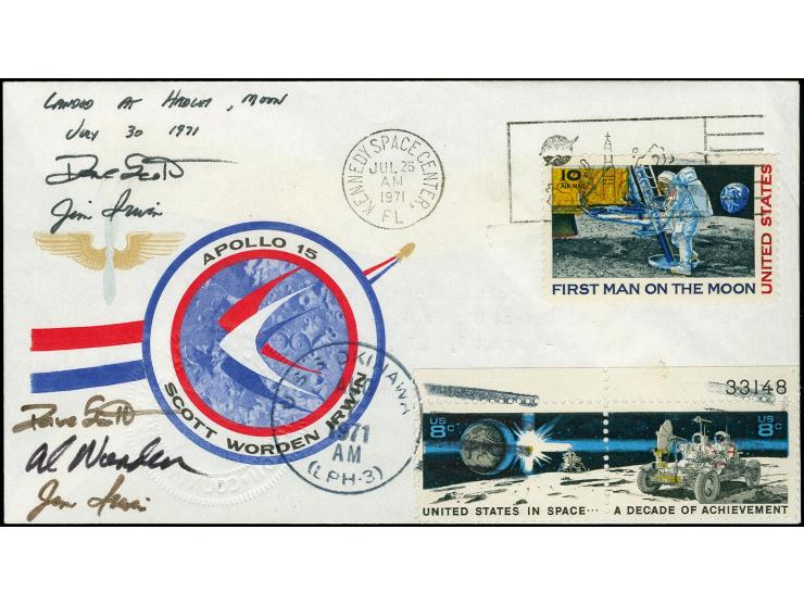 USA: 1971, Apollo 15, Mondbrief aus dem Besitz der drei Astronauten, links oben mit handschriftlichem Vermerk "Landed at Hadl