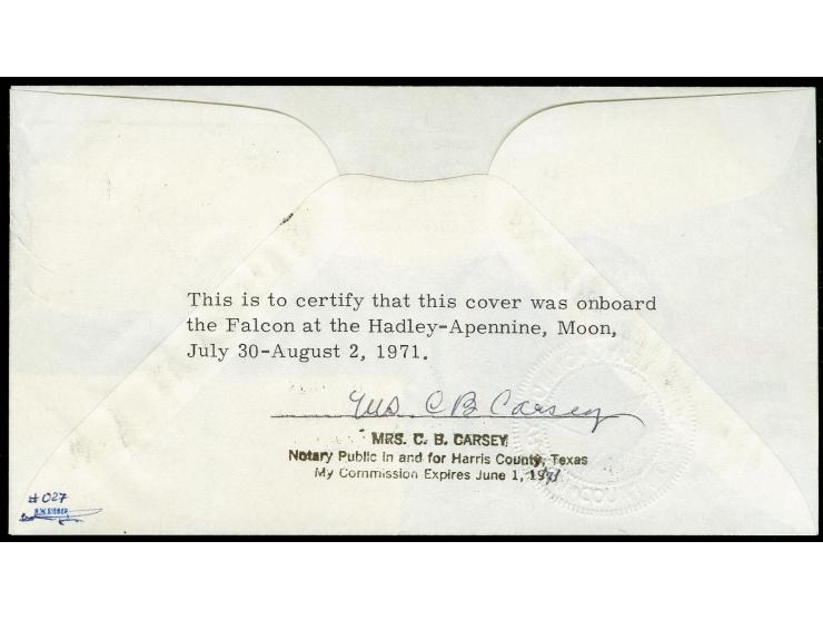 USA: 1971, Apollo 15, Mondbrief aus dem Besitz der drei Astronauten, links oben mit handschriftlichem Vermerk "Landed at Hadl