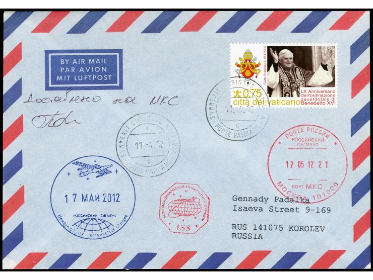 VATIKAN:2012, Sojus TMA-04M, 1. Vatikanische Weltraumpost, Brief mit Poststempel des russischen Segments der ISS in rot und d