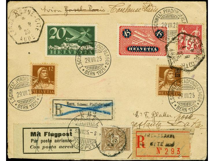 PFADFINDER: 1925, "I. SCHWEIZ.PFADFINDERLAGER BERN 1925 29.VIII.25" mehrfach klar auf R-Luftpost-Brief mit Sonder-R-Zettel vi
