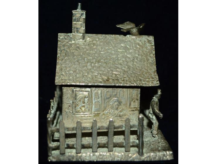 Sheffield Silber, Briefmarkendose in figuraler Ausführung, Punzmarken von Samuel Boyce Landeck, 1894. Die Briefmarkendose ist