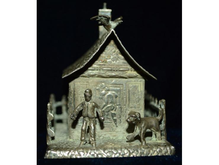 Sheffield Silber, Briefmarkendose in figuraler Ausführung, Punzmarken von Samuel Boyce Landeck, 1894. Die Briefmarkendose ist